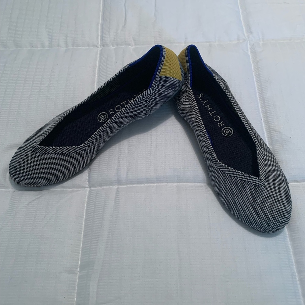 Rothy's The Round Toe Flats Gray Blue with Yellow Trim Women's Sz 10 Knit Shoes